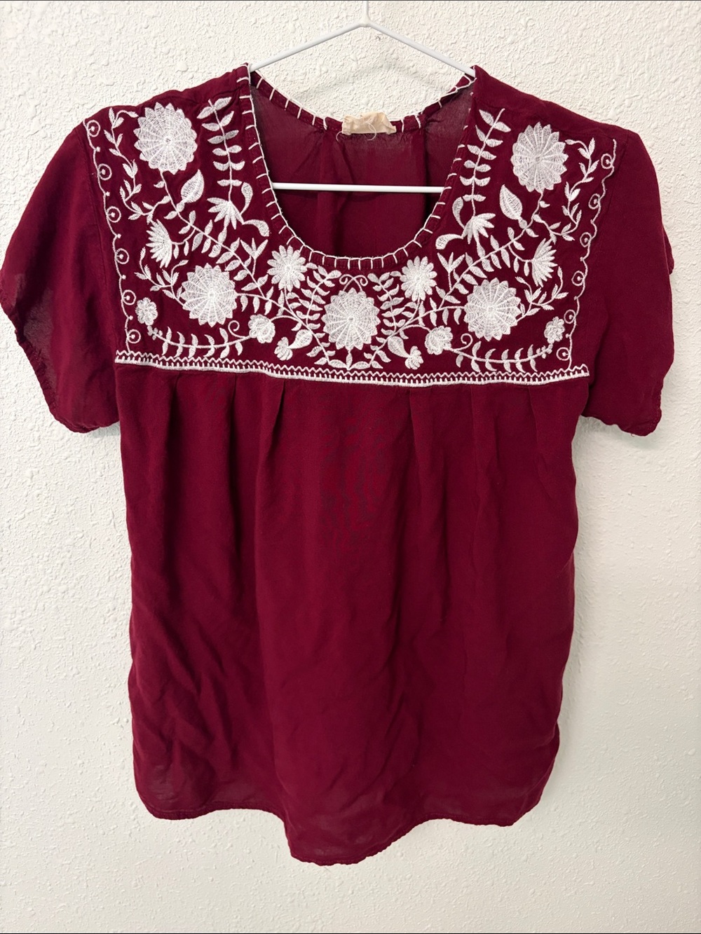 Women's Embroidered Maroon Peasant Blouse with White Floral Yoke